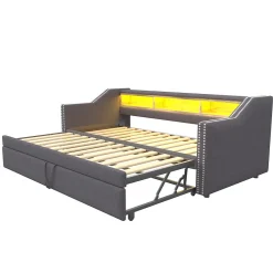 Lit Gigogne 90/180x190 cm capitonné - avec Led, Usb et Rangement, Sans Matelas, en Tissu Gris Foncé><noscript><img width=