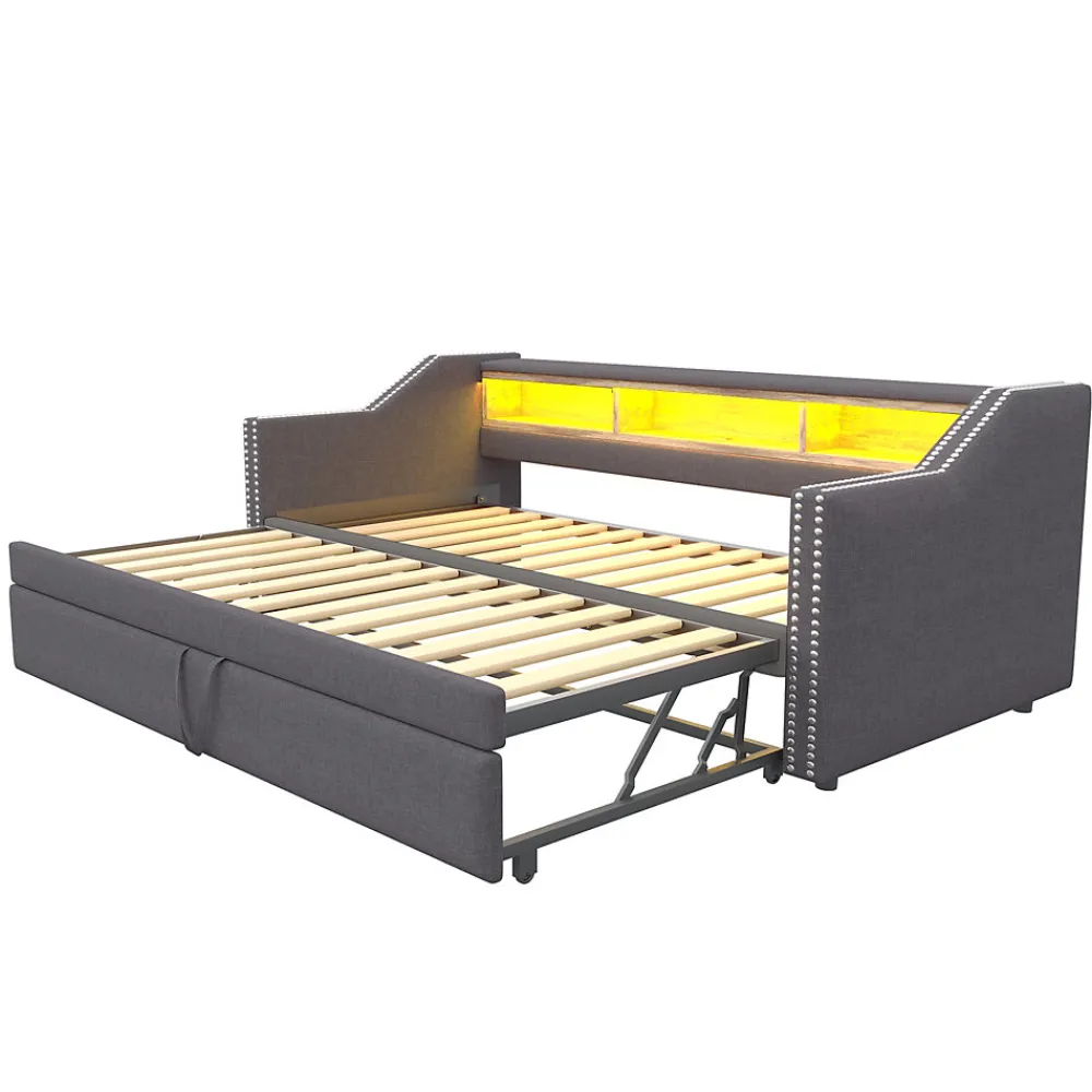 Lit Gigogne 90/180x190 cm capitonné - avec Led, Usb et Rangement, Sans Matelas, en Tissu Gris Foncé>Okwish Outlet