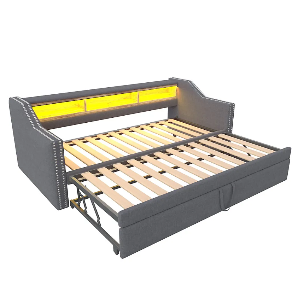Lit Gigogne 90/180x190 cm capitonné - avec Led, Usb et Rangement, Sans Matelas, en Tissu Gris Foncé>Okwish Outlet