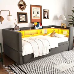 Lit gigogne 90/180x190 cm capitonné avec tiroirs, espaces de rangement, éclairage LED et prises intégrées - gris foncé><noscript><img width=
