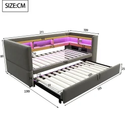 Lit gigogne 90/180x190 cm capitonné avec tiroirs, espaces de rangement, éclairage LED et prises intégrées - gris foncé><noscript><img width=