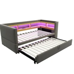 Lit gigogne 90/180x190 cm capitonné avec tiroirs, espaces de rangement, éclairage LED et prises intégrées - gris foncé><noscript><img width=