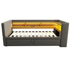Lit gigogne 90/180x190 cm capitonné avec tiroirs, espaces de rangement, éclairage LED et prises intégrées - gris foncé><noscript><img width=