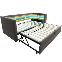 Lit gigogne 90/180x190 cm capitonné avec tiroirs, espaces de rangement, éclairage LED et prises intégrées - gris foncé><noscript><img width=