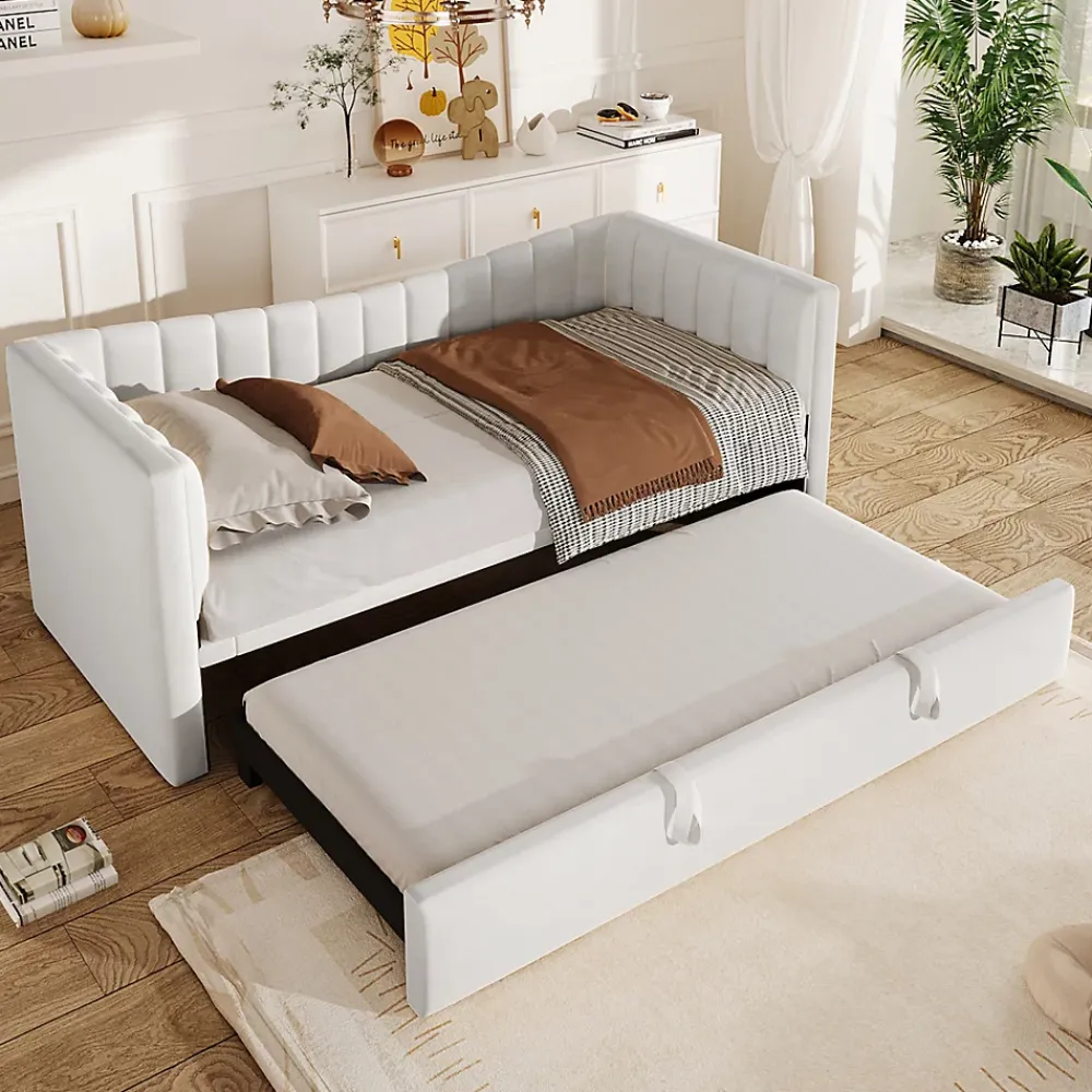 Okwish Lit gigogne 90x200 cm capitonné extensible 180x200 cm avec tiroir et sommier - 2 couchages - velours blanc - sans matelas* Lit Gigogne