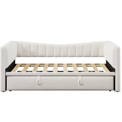 Okwish Lit gigogne 90x200 cm capitonné extensible 180x200 cm avec tiroir et sommier - 2 couchages - velours blanc - sans matelas* Lit Gigogne