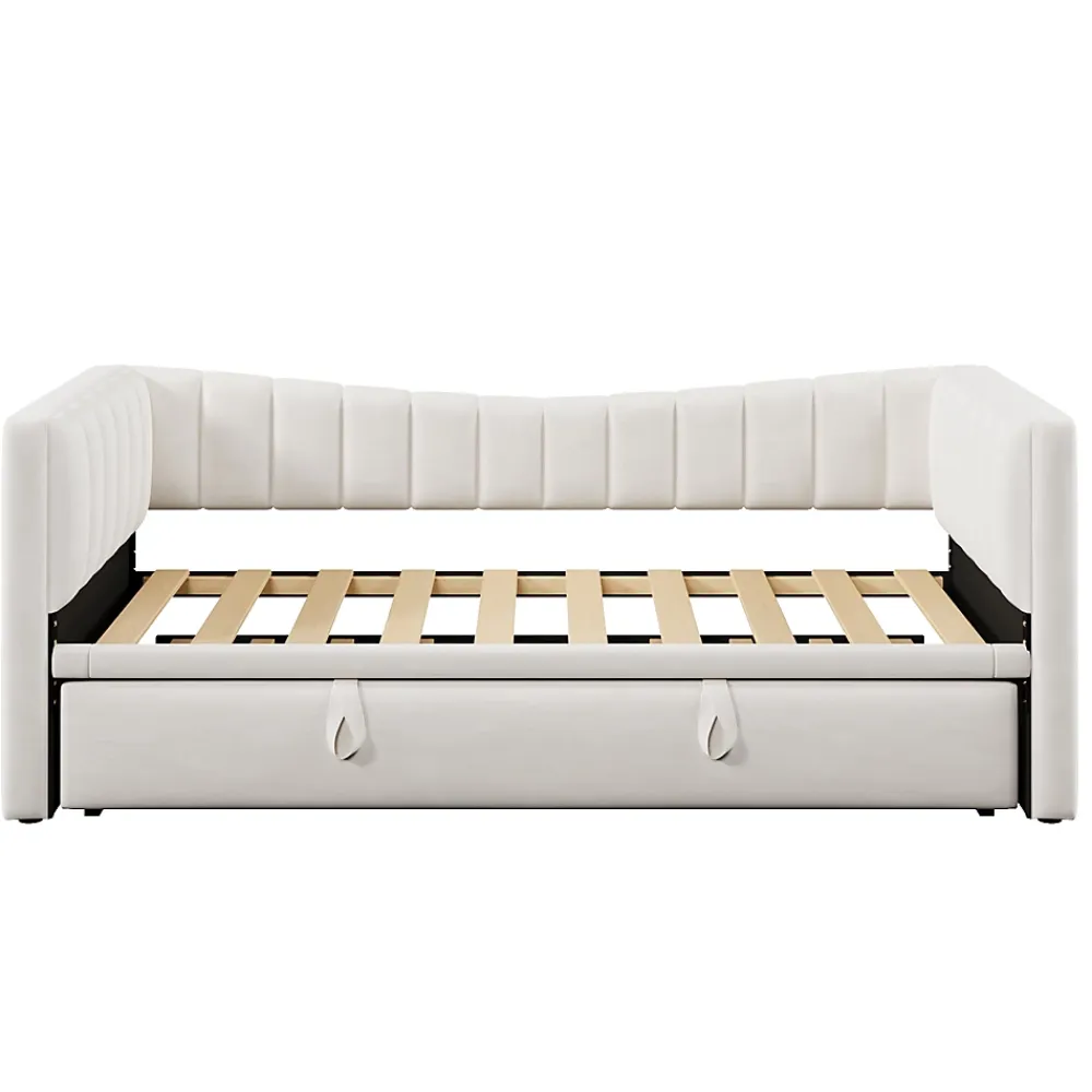 Okwish Lit gigogne 90x200 cm capitonné extensible 180x200 cm avec tiroir et sommier - 2 couchages - velours blanc - sans matelas* Lit Gigogne