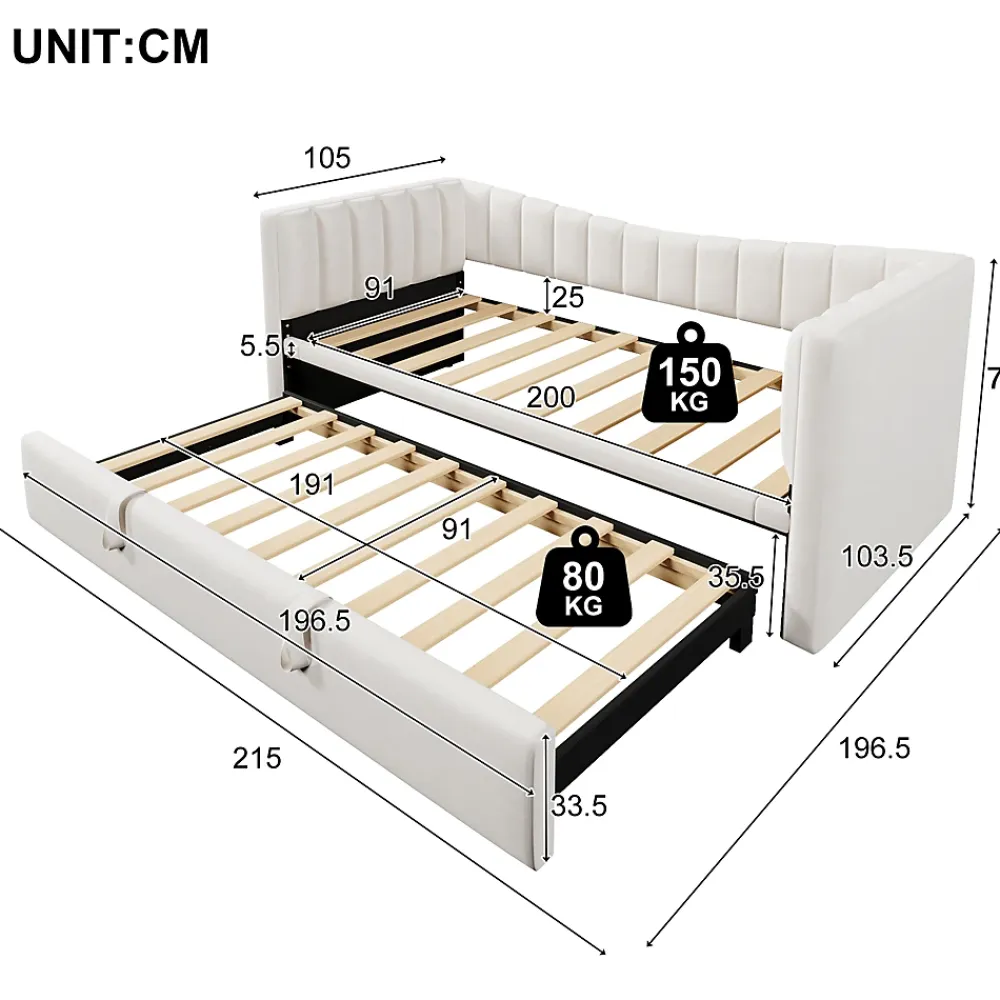 Okwish Lit gigogne 90x200 cm capitonné extensible 180x200 cm avec tiroir et sommier - 2 couchages - velours blanc - sans matelas* Lit Gigogne