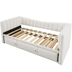 Okwish Lit gigogne 90x200 cm capitonné extensible 180x200 cm avec tiroir et sommier - 2 couchages - velours blanc - sans matelas* Lit Gigogne