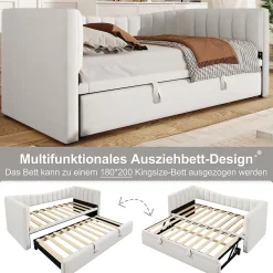 Okwish Lit gigogne 90x200 cm capitonné extensible 180x200 cm avec tiroir et sommier - 2 couchages - velours blanc - sans matelas* Lit Gigogne