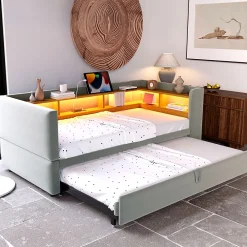 Lit Gigogne 90/180x190 cm Convertible avec LED et Prise USB, Rangement sous le Lit, Tissu Flanelle Gris Clair, Sans Matelas>Okwish Discount