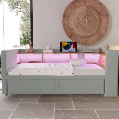 Lit Gigogne 90/180x190 cm Convertible avec LED et Prise USB, Rangement sous le Lit, Tissu Flanelle Gris Clair, Sans Matelas><noscript><img width=