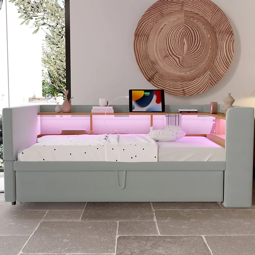 Lit Gigogne 90/180x190 cm Convertible avec LED et Prise USB, Rangement sous le Lit, Tissu Flanelle Gris Clair, Sans Matelas>Okwish Discount