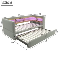 Lit Gigogne 90/180x190 cm Convertible avec LED et Prise USB, Rangement sous le Lit, Tissu Flanelle Gris Clair, Sans Matelas><noscript><img width=