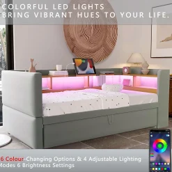 Lit Gigogne 90/180x190 cm Convertible avec LED et Prise USB, Rangement sous le Lit, Tissu Flanelle Gris Clair, Sans Matelas><noscript><img width=