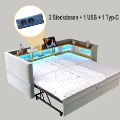 Lit Gigogne 90/180x190 cm Convertible avec LED et Prise USB, Rangement sous le Lit, Tissu Flanelle Gris Clair, Sans Matelas><noscript><img width=