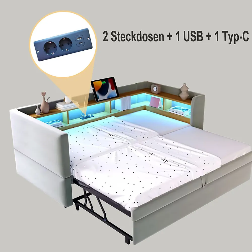 Lit Gigogne 90/180x190 cm Convertible avec LED et Prise USB, Rangement sous le Lit, Tissu Flanelle Gris Clair, Sans Matelas>Okwish Discount