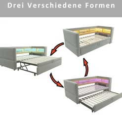 Lit Gigogne 90/180x190 cm Convertible avec LED et Prise USB, Rangement sous le Lit, Tissu Flanelle Gris Clair, Sans Matelas><noscript><img width=