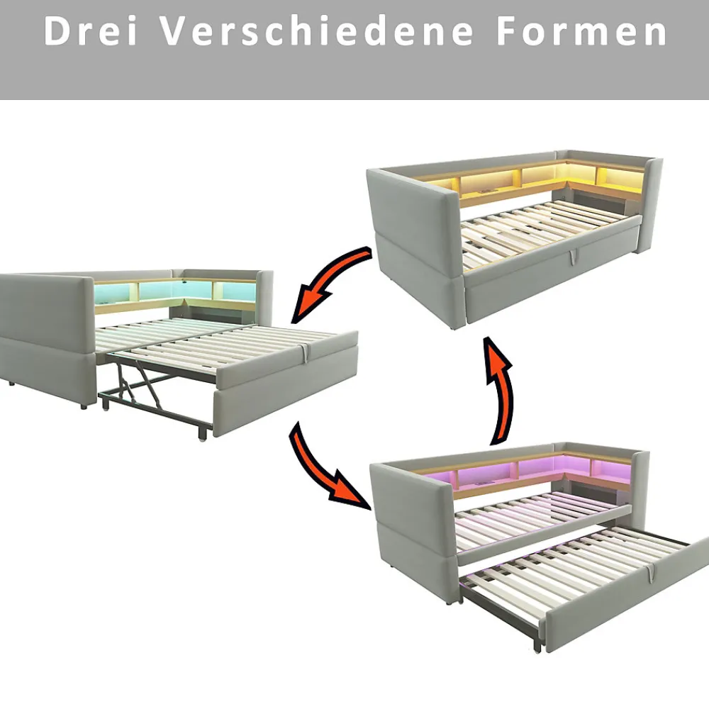 Lit Gigogne 90/180x190 cm Convertible avec LED et Prise USB, Rangement sous le Lit, Tissu Flanelle Gris Clair, Sans Matelas>Okwish Discount