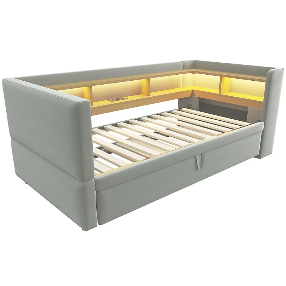 Lit Gigogne 90/180x190 cm Convertible avec LED et Prise USB, Rangement sous le Lit, Tissu Flanelle Gris Clair, Sans Matelas>Okwish Discount