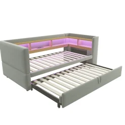 Lit Gigogne 90/180x190 cm Convertible avec LED et Prise USB, Rangement sous le Lit, Tissu Flanelle Gris Clair, Sans Matelas><noscript><img width=