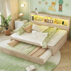 Lit gigogne 140x200 cm double avec tiroir coulissant, LED télécommandée, ports USB, prise électrique et rangement - bois naturel>Okwish New