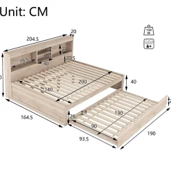 Lit gigogne 140x200 cm double avec tiroir coulissant, LED télécommandée, ports USB, prise électrique et rangement - bois naturel><noscript><img width=