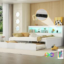 Lit gigogne 140x200 cm double avec tiroir coulissant, LED télécommandée, ports USB, prise électrique et rangement - blanc>Okwish New