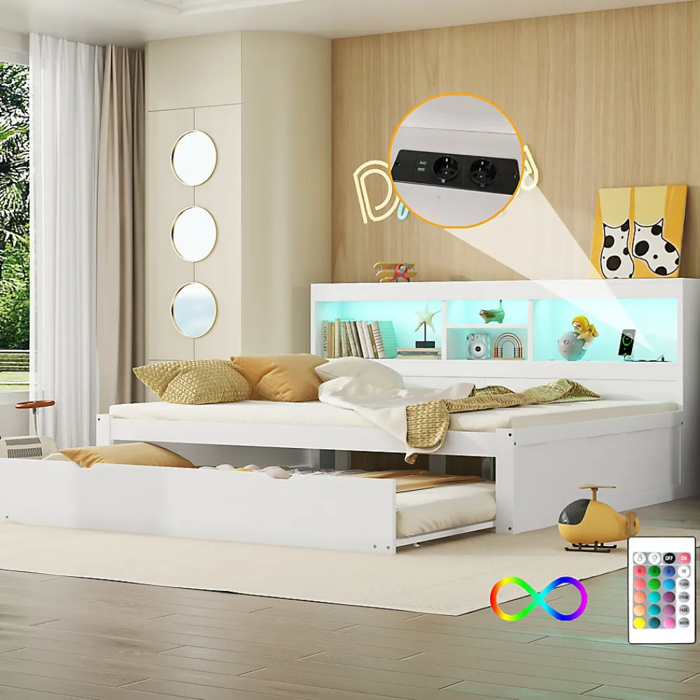 Lit gigogne 140x200 cm double avec tiroir coulissant, LED télécommandée, ports USB, prise électrique et rangement - blanc>Okwish New