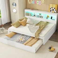 Lit gigogne 140x200 cm double avec tiroir coulissant, LED télécommandée, ports USB, prise électrique et rangement - blanc>Okwish New