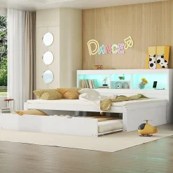 Lit gigogne 140x200 cm double avec tiroir coulissant, LED télécommandée, ports USB, prise électrique et rangement - blanc><noscript><img width=