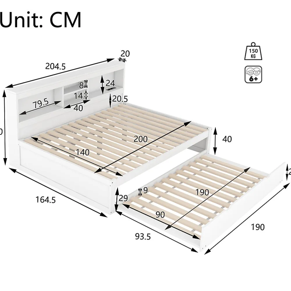 Lit gigogne 140x200 cm double avec tiroir coulissant, LED télécommandée, ports USB, prise électrique et rangement - blanc>Okwish New