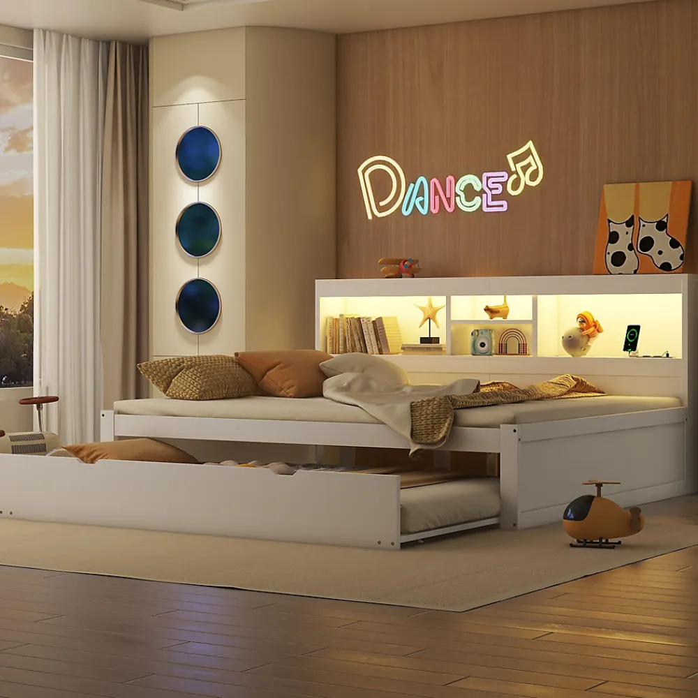 Lit gigogne 140x200 cm double avec tiroir coulissant, LED télécommandée, ports USB, prise électrique et rangement - blanc>Okwish New