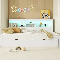 Lit gigogne 140x200 cm double avec tiroir coulissant, LED télécommandée, ports USB, prise électrique et rangement - blanc><noscript><img width=