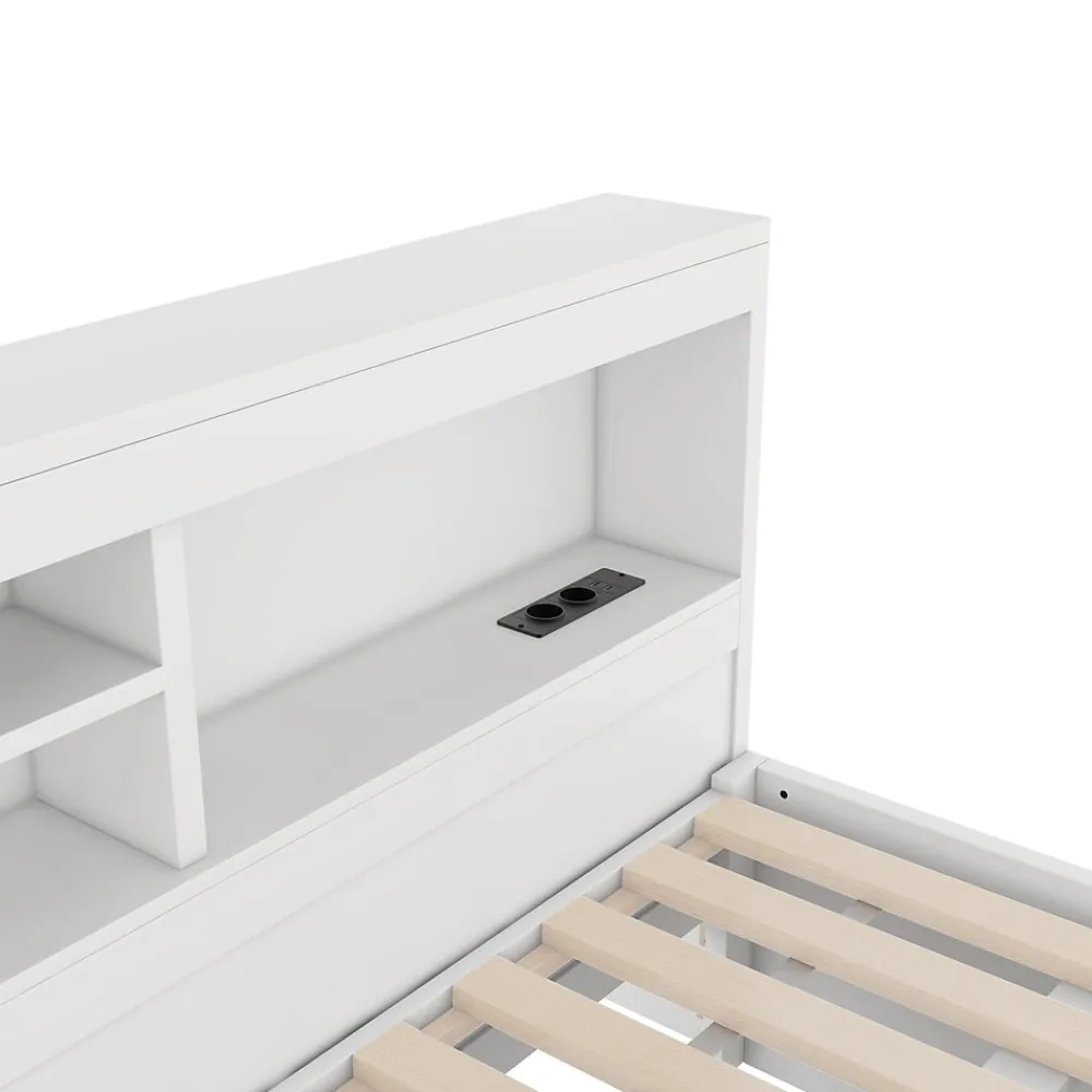 Lit gigogne 140x200 cm double avec tiroir coulissant, LED télécommandée, ports USB, prise électrique et rangement - blanc>Okwish New