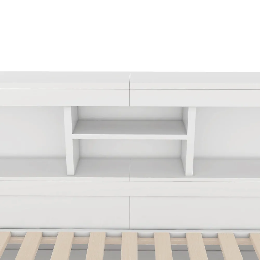 Lit gigogne 140x200 cm double avec tiroir coulissant, LED télécommandée, ports USB, prise électrique et rangement - blanc>Okwish New