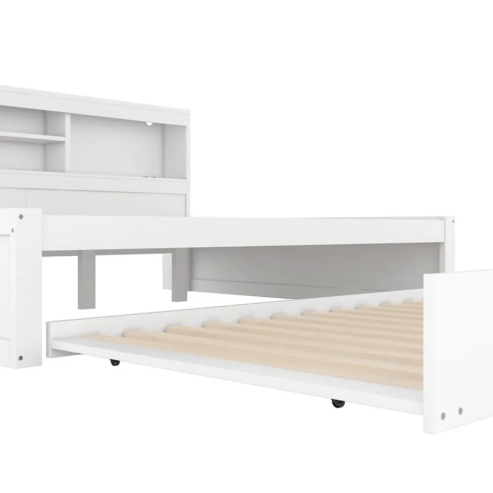Lit gigogne 140x200 cm double avec tiroir coulissant, LED télécommandée, ports USB, prise électrique et rangement - blanc>Okwish New
