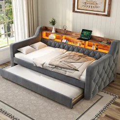 Lit Gigogne 90x190 cm Gris avec Rangement Intégré, LED et Port USB, Tissu Velours>Okwish Best