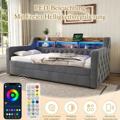 Lit Gigogne 90x190 cm Gris avec Rangement Intégré, LED et Port USB, Tissu Velours><noscript><img width=