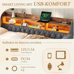 Lit Gigogne 90x190 cm Gris avec Rangement Intégré, LED et Port USB, Tissu Velours><noscript><img width=