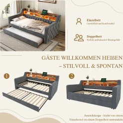 Lit Gigogne 90x190 cm Gris avec Rangement Intégré, LED et Port USB, Tissu Velours><noscript><img width=