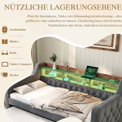 Lit Gigogne 90x190 cm Gris avec Rangement Intégré, LED et Port USB, Tissu Velours><noscript><img width=