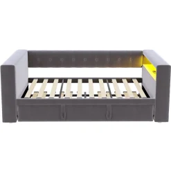 Okwish Lit Gigogne 90/180x190 cm, LED et Prise Électrique - Lit Simple avec Bureau Escamotable et Rangement - Gris Foncé - Sans Matelas* Lit Gigogne