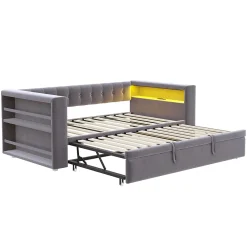 Okwish Lit Gigogne 90/180x190 cm, LED et Prise Électrique - Lit Simple avec Bureau Escamotable et Rangement - Gris Foncé - Sans Matelas* Lit Gigogne