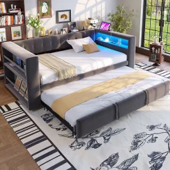 Okwish Lit Gigogne 90/180x190 cm, LED et Prise Électrique - Lit Simple avec Bureau Escamotable et Rangement - Gris Foncé - Sans Matelas* Lit Gigogne