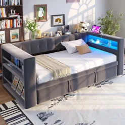 Okwish Lit Gigogne 90/180x190 cm, LED et Prise Électrique - Lit Simple avec Bureau Escamotable et Rangement - Gris Foncé - Sans Matelas* Lit Gigogne