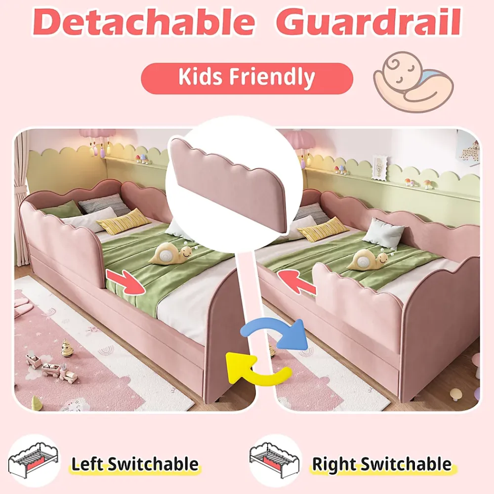 Okwish Lit Gigogne 90x190 cm, Lit Enfant Banquette avec Lit Tiroir et Sommier à Lattes, Design Moderne, Revêtement Velours Rose* Lit Gigogne