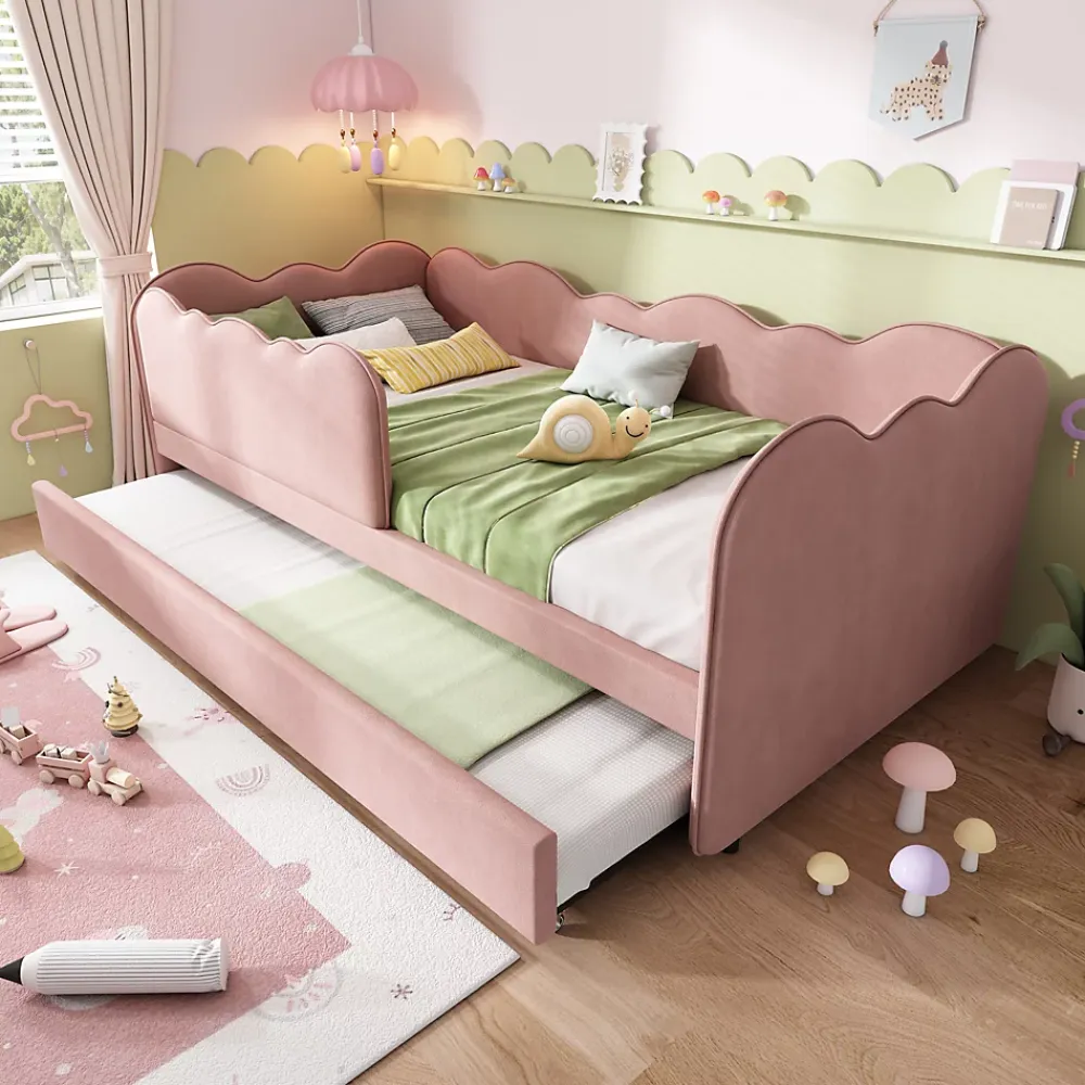 Okwish Lit Gigogne 90x190 cm, Lit Enfant Banquette avec Lit Tiroir et Sommier à Lattes, Design Moderne, Revêtement Velours Rose* Lit Gigogne