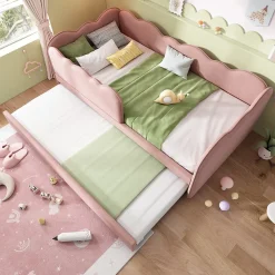 Okwish Lit Gigogne 90x190 cm, Lit Enfant Banquette avec Lit Tiroir et Sommier à Lattes, Design Moderne, Revêtement Velours Rose* Lit Gigogne