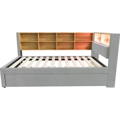 Generique Lit Gigogne 90x200 cm, Lit Enfant avec Port USB et Rangements Intégrés, Éclairage LED Intégré, Tissu Gris Clair - Sans Matelas* Lit Gigogne